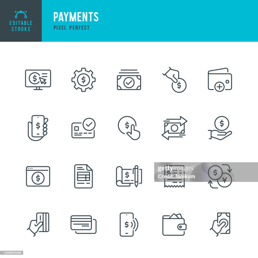 Zahlungen - Dünnlinienvektor-Symbol gesetzt. Pixel perfekt. Bearbeitbarer Strich. Das Set enthält Symbole: Bezahlen, Kontaktloses Bezahlen, Kreditkartenkauf, Mobile Zahlung, Kaufen, Zahlungseingang, Wallet.