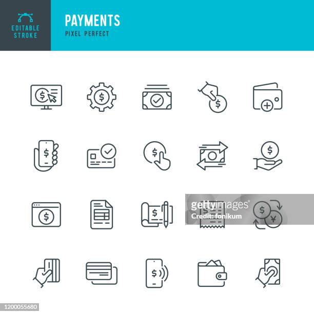 payments - thin line vector icon set. pixel perfect. editable stroke. the set contains icons: paying, contactless payment, credit card purchase, mobile payment, buying, receiving payment, wallet. - paying stock illustrations