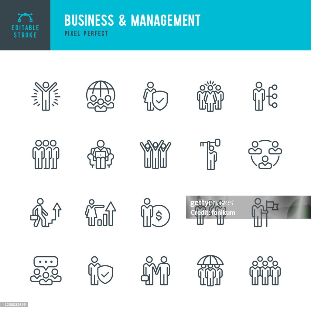 Business & Management - Dünnlinien-Vektor-Symbol-Set. Pixel perfekt. Bearbeitbarer Strich. Das Set enthält Symbole: Personen, Teamarbeit, Partnerschaft, Präsentation, Führung, Wachstum, Manager.