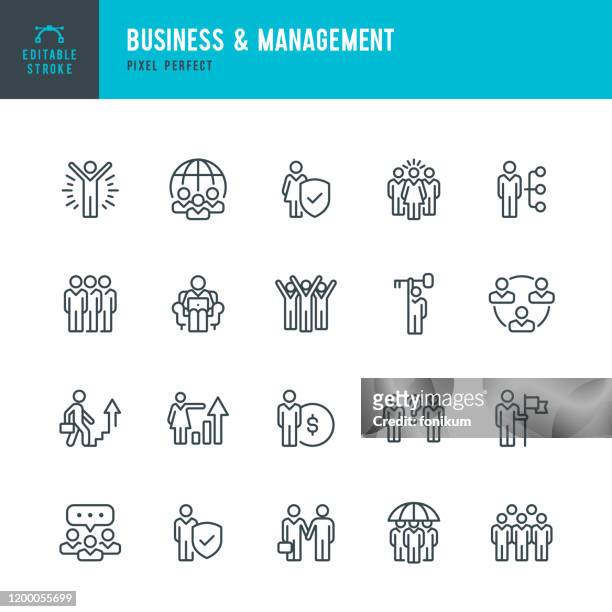 business & management - dünnlinien-vektor-symbol-set. pixel perfekt. bearbeitbarer strich. das set enthält symbole: personen, teamarbeit, partnerschaft, präsentation, führung, wachstum, manager. - m��nnliche person stock-grafiken, -clipart, -cartoons und -symbole