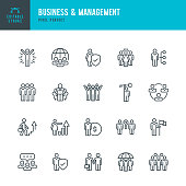 Business & Management - thin line vector icon set. Pixel perfect. Editable stroke. The set contains icons: People, Teamwork, Partnership, Presentation, Leadership, Growth, Manager.