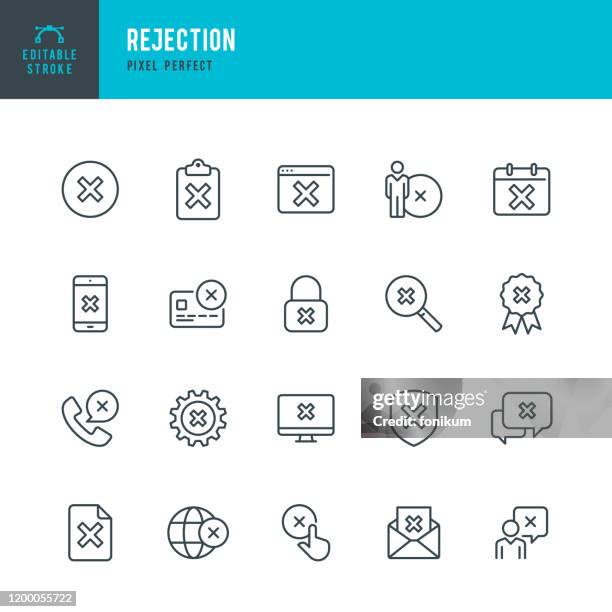 bildbanksillustrationer, clip art samt tecknat material och ikoner med avvisande-tunna linje vektor ikonuppsättning. pixel perfekt. redigerbar stroke. setet innehåller ikoner: tillgänglighet, avvisande, misslyckande, kryssruta, sekretess, vakenhet, delete-tangenten, cross shape, förbjuden. - misstag