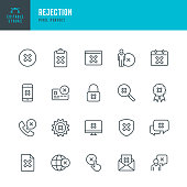 Rejection - thin line vector icon set. Pixel perfect. Editable stroke. The set contains icons: Accessibility, Rejection, Failure, Checkbox, Privacy, Alertness, Delete Key, Cross Shape, Forbidden.