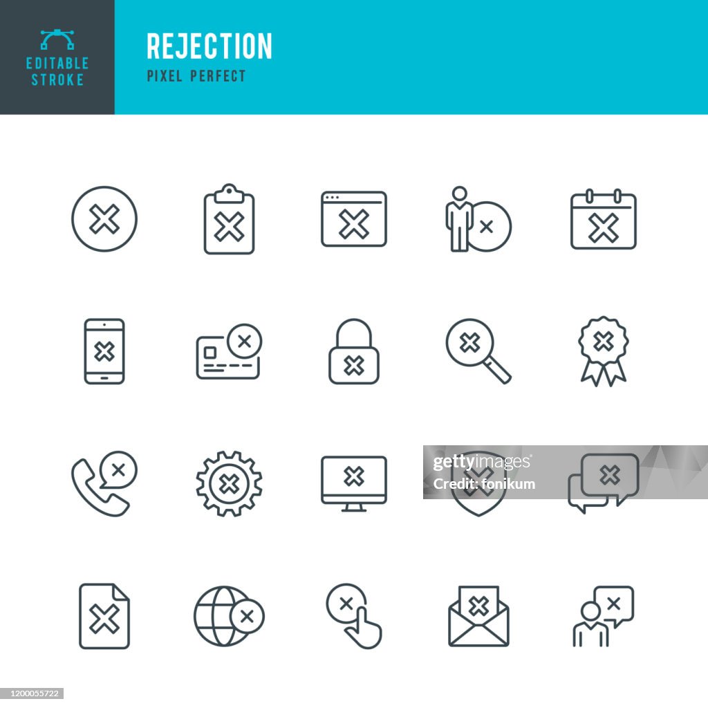 Rejection - thin line vector icon set. Pixel perfect. Editable stroke. The set contains icons: Accessibility, Rejection, Failure, Checkbox, Privacy, Alertness, Delete Key, Cross Shape, Forbidden.