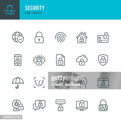 Seguridad - conjunto de iconos vectoriales de línea delgada. Píxel perfecto. Trazo editable. El conjunto contiene iconos Seguridad, Huella digital, Identificación facial, Clave, Protección de mensajes. Seguridad - conjunto de iconos vectoriales de línea delgada. Píxel perfecto. Trazo editable. El conjunto contiene iconos Seguridad, Huella digital, Identificación facial, Clave, Protección de mensajes.