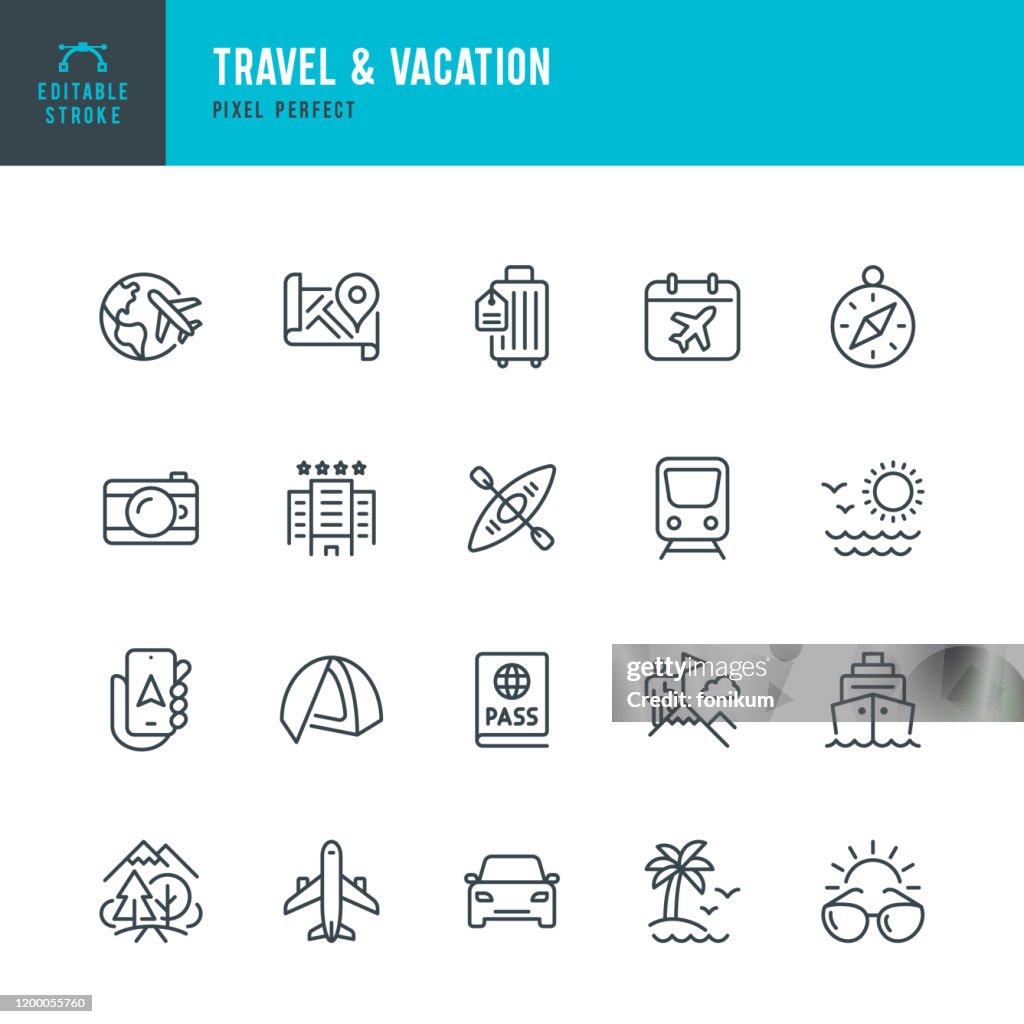 Viaje - conjunto de iconos vectoriales de línea delgada. Trazo editable. Píxel perfecto. El conjunto contiene iconos: Turismo, Viajes, Avión, Playa, Montañas, Brújula de Navegación, Palmera, Pasaporte, Hotel, Crucero, Kayak, Senderismo.