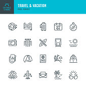 Travel - thin line vector icon set. Editable stroke. Pixel perfect. The set contains icons: Tourism, Travel, Airplane, Beach, Mountains, Navigational Compass, Palm Tree, Passport, Hotel, Cruise Ship, Kayaking, Hiking.