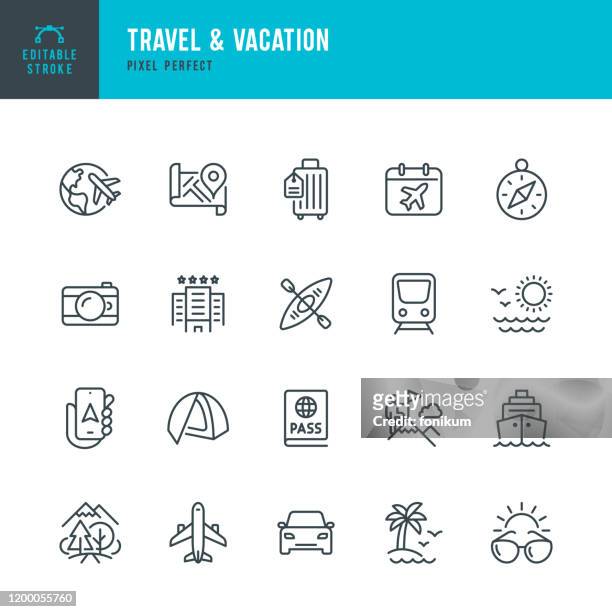 travel - thin line vector icon set. editable stroke. pixel perfect. the set contains icons: tourism, travel, airplane, beach, mountains, navigational compass, palm tree, passport, hotel, cruise ship, kayaking, hiking. - holiday stock illustrations