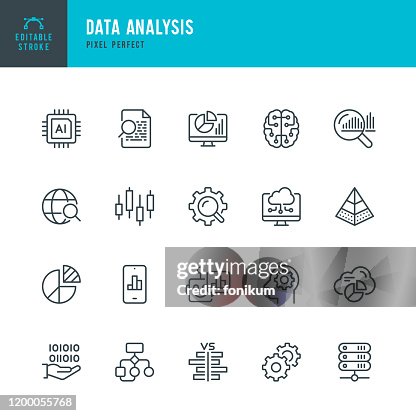 Data analys-tunna linje vektor Ikonuppsättning. Pixel perfekt. Redigerbar stroke. Setet innehåller ikoner: Big data, artificiell intelligens, diagram, datorchip, diagram, Cloud Computing, lägesrapport, aktiemarknads data. Data analys-tunna linje vektor Ikonuppsättning. Pixel perfekt. Redigerbar stroke. Setet innehåller ikoner: Big data, artificiell intelligens, diagram, datorchip, diagram, Cloud Computing, lägesrapport, aktiemarknads data.