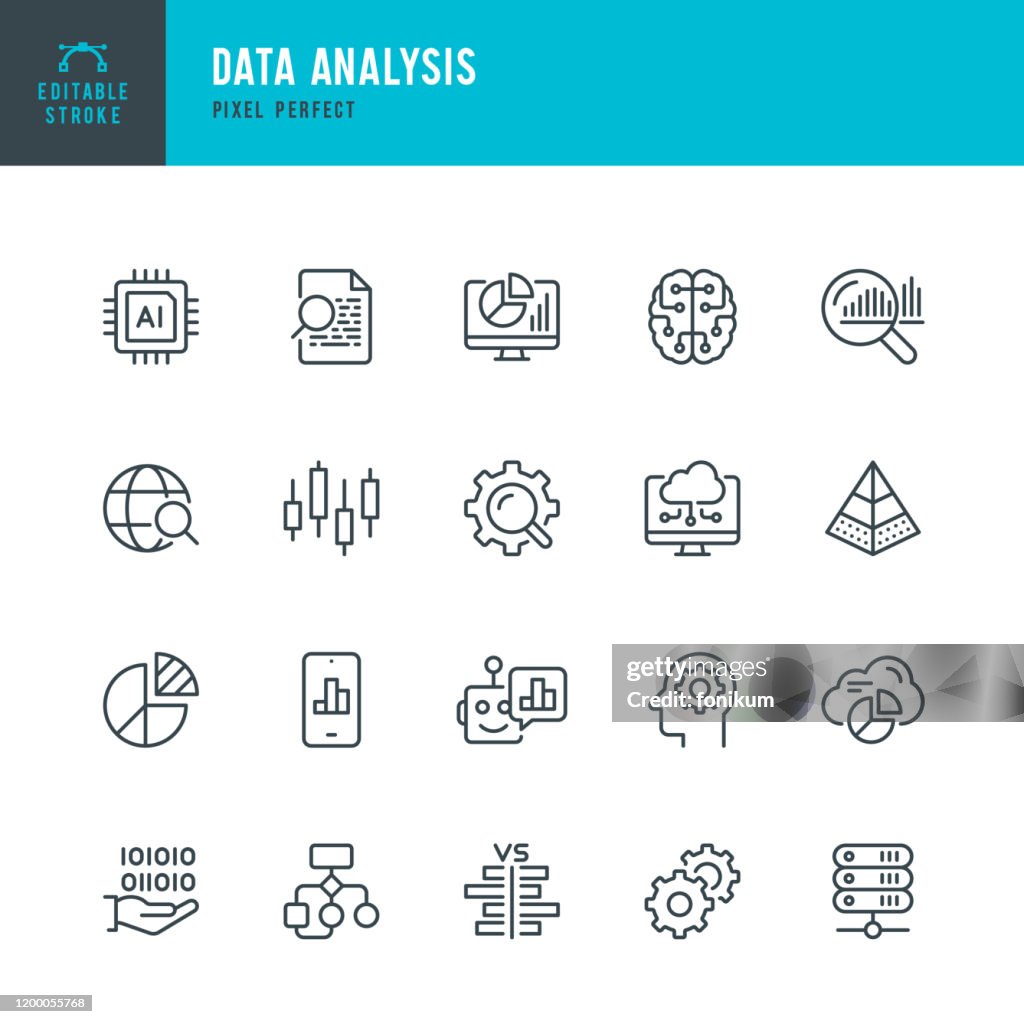 Data Analysis - thin line vector icon set. Pixel perfect. Editable stroke. The set contains icons: Big Data, Artificial Intelligence, Chart, Computer Chip, Diagram, Cloud Computing, Progress Report, Stock Market Data.