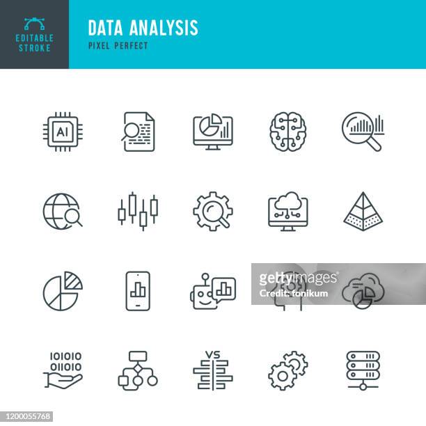 data analysis - thin line vector icon set. pixel perfect. editable stroke. the set contains icons: big data, artificial intelligence, chart, computer chip, diagram, cloud computing, progress report, stock market data. - organised group stock illustrations
