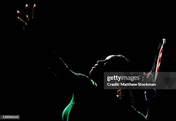 Serena Williams serves to Maria Kirilenko of Russia during the Bank of the West Classic at the Taube Family Tennis Stadium on July 28, 2011 in...