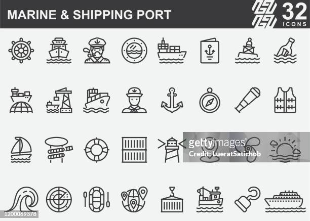 ilustraciones, imágenes clip art, dibujos animados e iconos de stock de iconos de la línea portuaria marítima y marítima - dársena