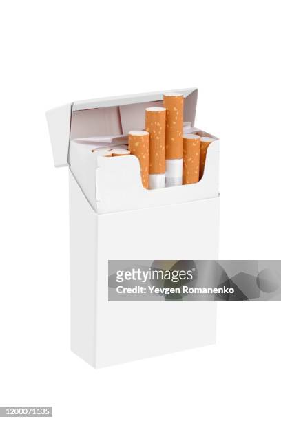 blank white cigarette package isolated on white background with copy space - cigarette stock-fotos und bilder