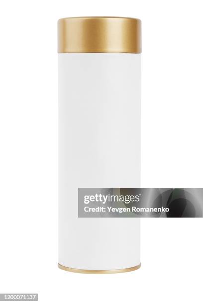 white blank tin can mockup. cylindrical packaging for tea and coffee. - cylinder package mockup stock pictures, royalty-free photos & images