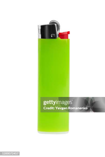 green blank gas lighter isolated on white background - aansteker stockfoto's en -beelden