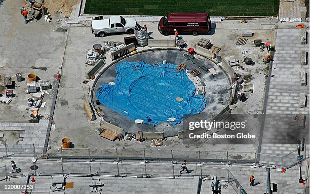 Rose Kennedy Greenway, a fountain under construction near Milk Street.