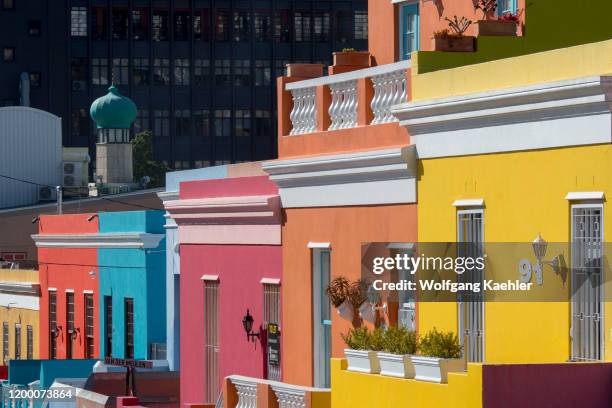 Brightly colored houses in the Bo-Kaap neighborhood of Cape Town, South Africa formerly known as the Malay Quarter.
