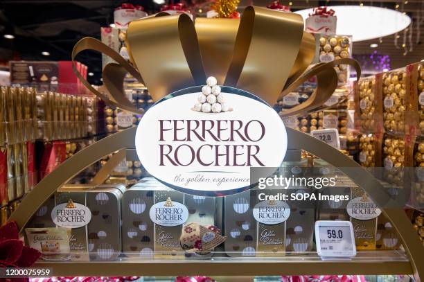 Italian Ferrero Rocher chocolate confectionery brand an products being displayed at a supermarket in Hong Kong.
