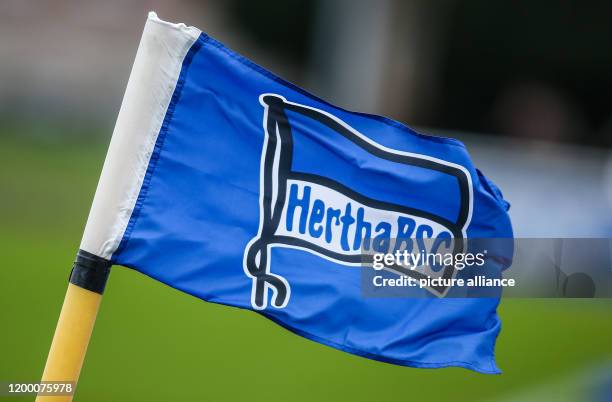 February 2020, Berlin: Football: Bundesliga, training Hertha BSC, Hertha training ground. Flag of Hertha BSC blows in the wind. Photo: Andreas...