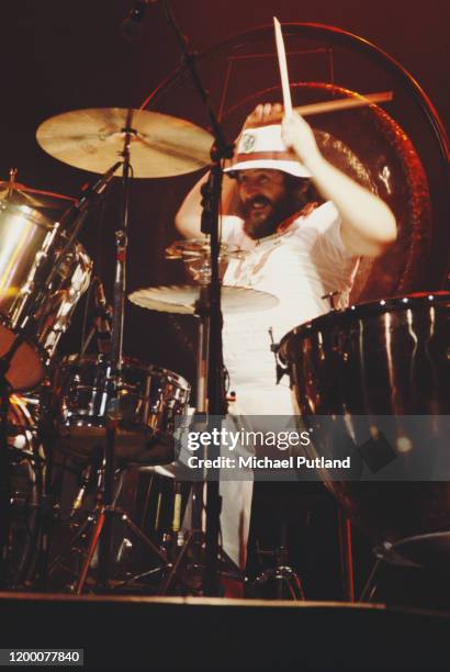 English drummer John Bonham performing with rock group Led Zeppelin at Madison Square Garden, New York City, June 1977.