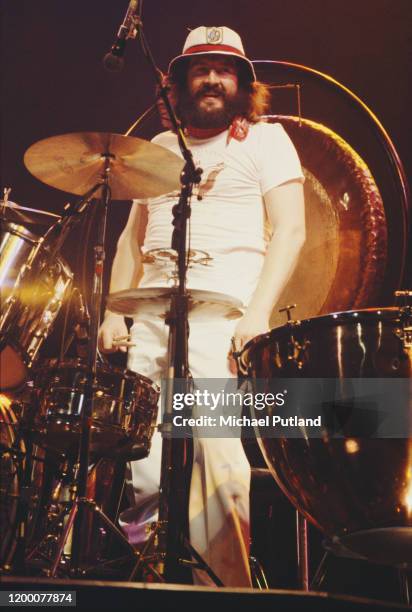 English drummer John Bonham performing with rock group Led Zeppelin at Madison Square Garden, New York City, June 1977.