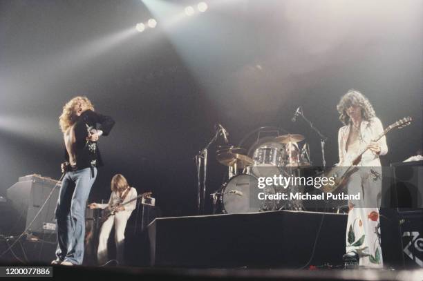 English rock group Led Zeppelin performing on stage at Madison Square Garden in New York, June 1977. Members of the band are, from left, Robert...