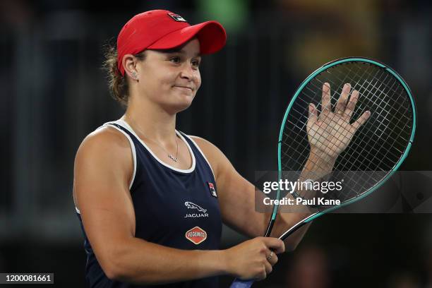 Ashleigh Barty of Australia celebrates winning the semi final match against Danielle Collins of the USA during day six of the 2020 Adelaide...