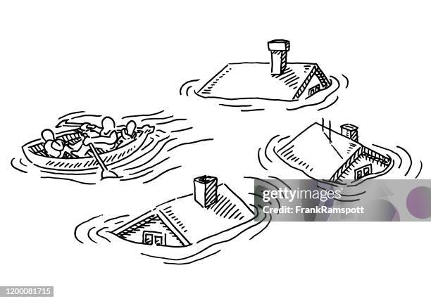ilustraciones, imágenes clip art, dibujos animados e iconos de stock de inundación desaster casa techos lifeboat dibujo - inundación