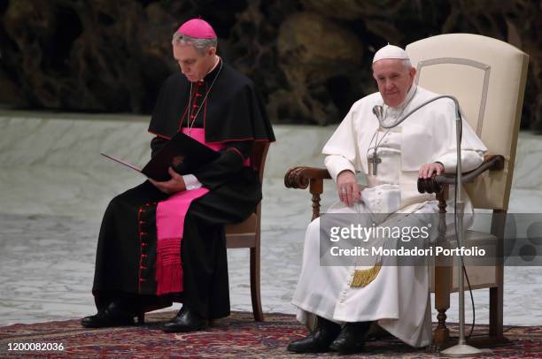 Pope Francis and the German archbishop Georg Gaenswein, prefect of the Pontifical House, during the weekly general audience in the Paul VI Hall....