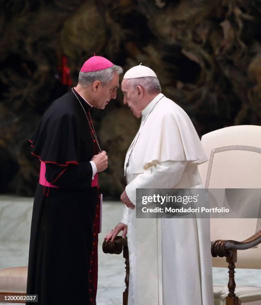 Pope Francis and the German archbishop Georg Gaenswein, prefect of the Pontifical House, during the weekly general audience in the Paul VI Hall....