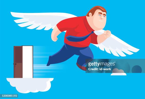 winged businessman leaving doorway - angel funny stock illustrations