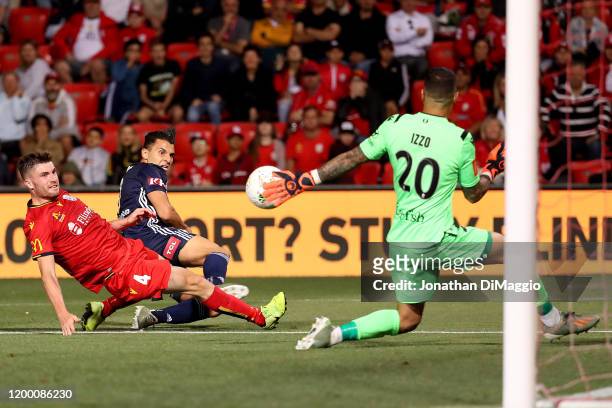 Paul Izzo of Adelaide United with the crucial extra time save to secure his team's win during the round 15 A-League match between Adelaide United and...