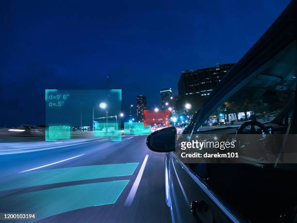 self driving autonomous car driving in the city, usa - automatisiertes fahren stock-fotos und bilder