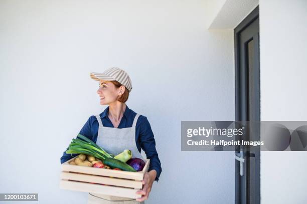a front view of woman courier delivering fresh fruit and vegetables. - fruit box stock-fotos und bilder
