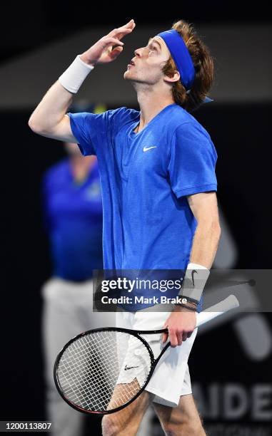 Andrey Rublev of Russia celebrates his win over Felix Auger-Aliassime of Canada during day six of the 2020 Adelaide International at Memorial Drive...