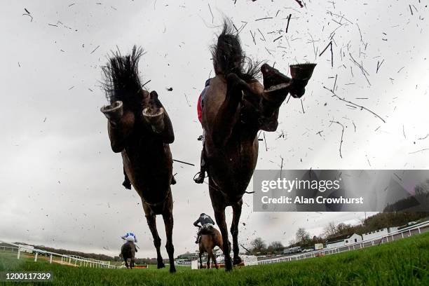 General view as runners land over a fence at Chepstow Racecourse on January 17, 2020 in Chepstow, Wales.