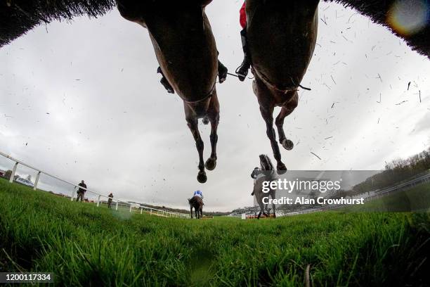 General view as runners land over a fence at Chepstow Racecourse on January 17, 2020 in Chepstow, Wales.