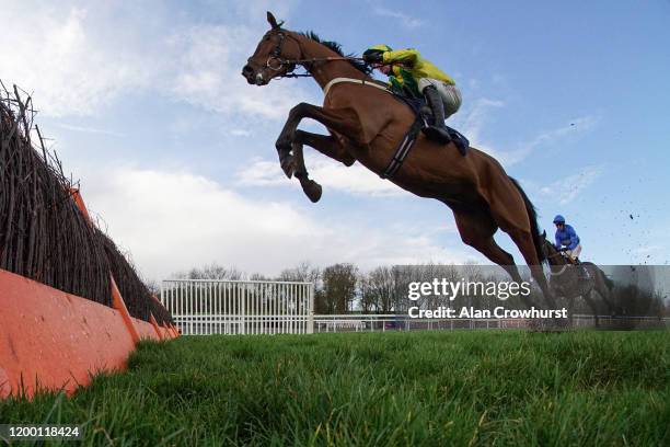 Robbie Power riding Getaway Fred in action during The Barton Hill Old Boys RFC Novices' Hurdle at Chepstow Racecourse on January 17, 2020 in...