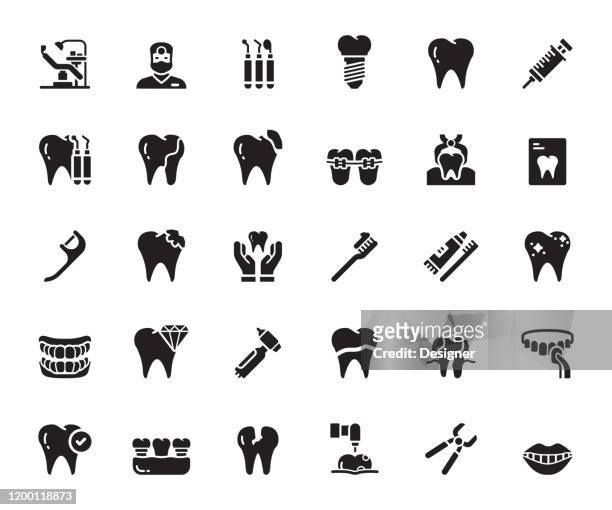 ilustraciones, imágenes clip art, dibujos animados e iconos de stock de conjunto simple de iconos vectoriales relacionados con dentales. colección de símbolos - dentadura postiza