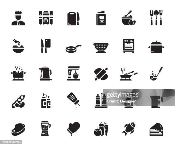 ilustraciones, imágenes clip art, dibujos animados e iconos de stock de conjunto simple de iconos vectoriales relacionados con la cocina. colección de símbolos. - recetas