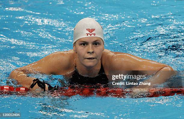 Lotte Friis of Denmark looks on after she swam in heat five of the Women's 800m Freestyle heats during Day Fourteen of the 14th FINA World...