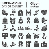 Day of charity glyph icon set, charity set symbols collection, vector sketches, logo illustrations, computer web signs solid pictograms package isolated on white background, eps 10.