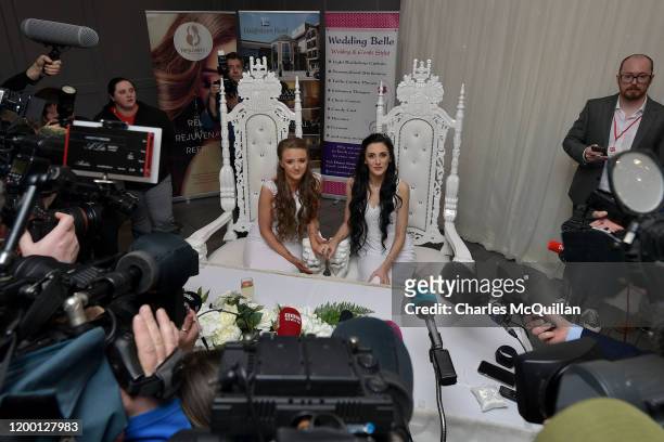 Robyn Peoples and Sharni Edwards face the media after they became Northern Ireland's first legally married same sex couple on February 11, 2020 in...
