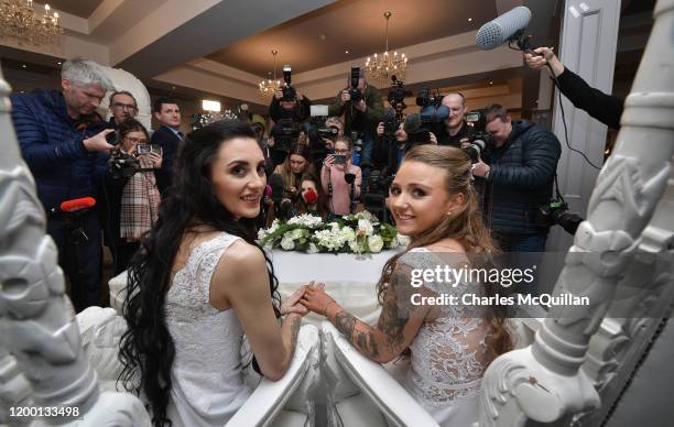 Robyn Peoples and Sharni Edwards face the media after they became Northern Ireland's first legally married same sex couple on February 11, 2020 in...