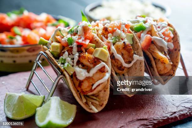shrimp street tacos - fajitas stock pictures, royalty-free photos & images