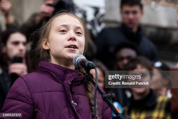 Swedish climate activist Greta Thunberg speaks to participants at a climate change protest on January 17, 2020 in Lausanne, Switzerland. The protest...