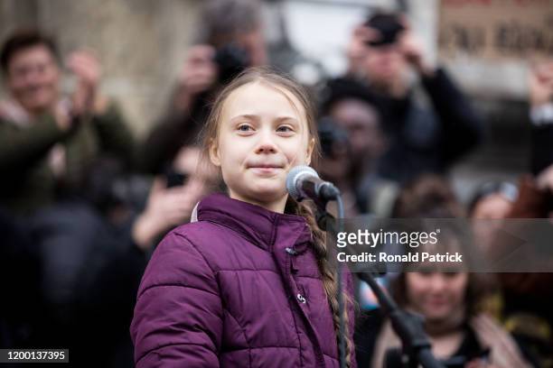 Swedish climate activist Greta Thunberg speaks to participants at a climate change protest on January 17, 2020 in Lausanne, Switzerland. The protest...