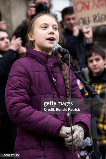 Swedish climate activist Greta Thunberg speaks to participants at a climate change protest on January 17, 2020 in Lausanne, Switzerland. The protest...