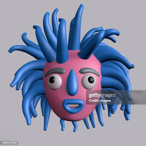 head of cartoon 3d woman with blue thick hear on gray background like medusa - 3d face stock pictures, royalty-free photos & images